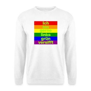 ICH BIN GERNE LINKS GRÜN VERSIFFT, NO NZS, FRIEDEN - Unisex Pullover - Weiß - Vorne - Alina (178cm) & Michal (187cm)