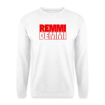 Remmi Demmi, Doppel-Typo Rot Schwarz Blockschrift - Unisex Pullover - Weiß - Vorne - Alina (178cm) & Michal (187cm)