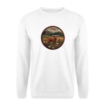 Hochlandkuh Patch in Berglandschaft - Unisex Pullover - Weiß - Vorne