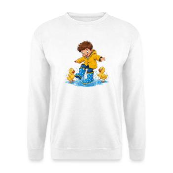 Garçon qui saute avec des canetons dans des flaques d’eau - Sweat-shirt Unisexe - blanc - Devant