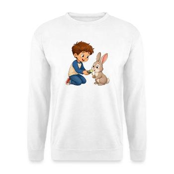 Kaninchen bekommt Gurke vom fröhlichen Jungen - Unisex Pullover - Weiß - Vorne