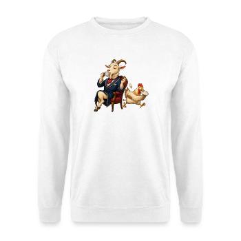 Ziege als Gentleman bei Tee mit hektischem Huhn - Unisex Pullover - Weiß - Vorne