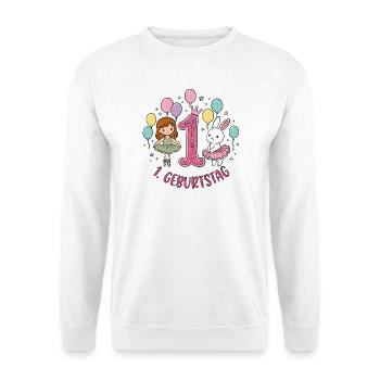 Erster Geburtstag: Mädchen und Hase - Unisex Pullover - Weiß - Vorne - Alina (178cm) & Michal (187cm)