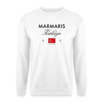 Marmaris Türkei Koordinaten Reise Souvenir - Unisex Pullover - Weiß - Vorne - Alina (178cm) & Michal (187cm)