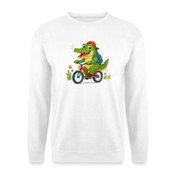 Cheerful crocodile riding a bicycle to school - Unisex Sweatshirt - white - Front