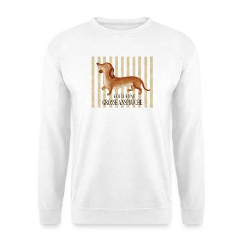 Kurze Beine, große Ansprüche – Lustiger Dackel - Unisex Pullover - Weiß - Vorne - Alina (178cm) & Michal (187cm)
