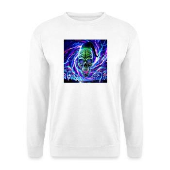 Neon Psychedelischer Goa Alien mit Pilzlandschaft - Unisex Pullover - Weiß - Vorne - Alina (178cm) & Michal (187cm)