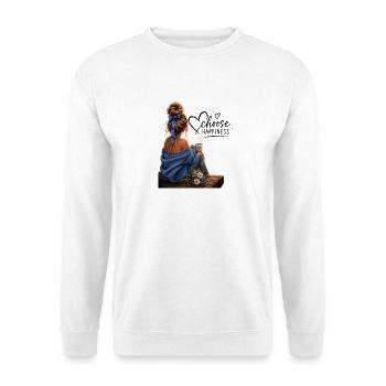 Choose Happiness: Cozy Blue Moment - Unisex Pullover - Weiß - Vorne - Alina (178cm) & Michal (187cm)