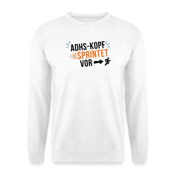 ADHS-Kopf sprintet vor - Unisex Pullover - Weiß - Vorne - Alina (178cm) & Michal (187cm)