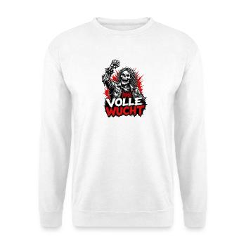 Volle Wucht – Skelett Thrash Metal Maskottchen - Unisex Pullover - Weiß - Vorne - Alina (178cm) & Michal (187cm)