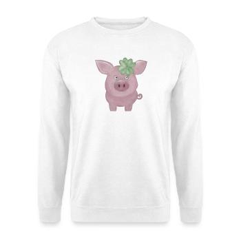 Glücksschwein mit Kleeblatt – süßes Glück - Unisex Pullover - Weiß - Vorne - Alina (178cm) & Michal (187cm)