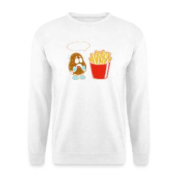 What happened bro?! Fritten Pommes French fries - Unisex Pullover - Weiß - Vorne - Alina (178cm) & Michal (187cm)