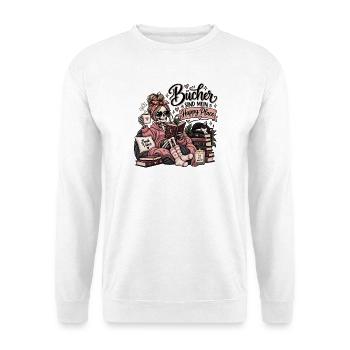 Bücher sind mein Happy Place – Gemütliche Lesezeit - Unisex Pullover - Weiß - Vorne - Alina (178cm) & Michal (187cm)