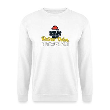 Kleiner Helm, großer Mut – Jugendfeuerwehr Shirt - Unisex Pullover - Weiß - Vorne - Alina (178cm) & Michal (187cm)