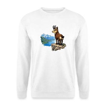 Alpengemsen auf Felsen - Unisex Pullover - Weiß - Vorne - Alina (178cm) & Michal (187cm)