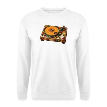 Fruchtiger Plattenspieler im Retro Style - Unisex Pullover - Weiß - Vorne - Alina (178cm) & Michal (187cm)
