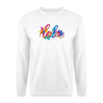 lola – Regenbogen Aquarellschriftzug - Unisex Pullover - Weiß - Vorne - Alina (178cm) & Michal (187cm)
