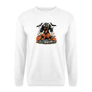 GruselZombieHund mit Kürbissen - Unisex Pullover - Weiß - Vorne - Alina (178cm) & Michal (187cm)