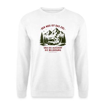 Der Weg ist Ziel – Aussicht Belohnung - Unisex Pullover - Weiß - Vorne - Alina (178cm) & Michal (187cm)
