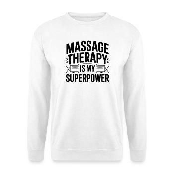 Massagetherapie ist meine Superkraft - Unisex Pullover - Weiß - Vorne - Alina (178cm) & Michal (187cm)