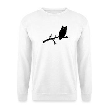 Grimme Eule Silhouette mit gelben Augen auf Ast - Unisex Pullover - Weiß - Vorne - Alina (178cm) & Michal (187cm)