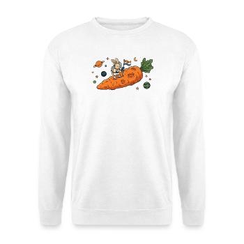 Astronaut Bunny auf riesigem Karotten-Asteroiden - Unisex Pullover - Weiß - Vorne - Alina (178cm) & Michal (187cm)