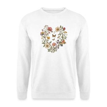 Vintage Blumen Herz Schmetterlinge Blumenmotiv - Unisex Pullover - Weiß - Vorne - Alina (178cm) & Michal (187cm)