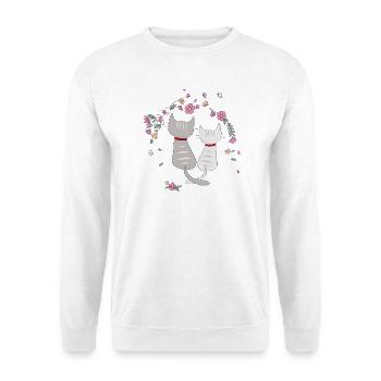 Zwei Katzen im Blumenbogen - Unisex Pullover - Weiß - Vorne - Alina (178cm) & Michal (187cm)