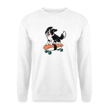 Border Collie fährt auf einem Nigiri-Skateboard - Unisex Pullover - Weiß - Vorne - Alina (178cm) & Michal (187cm)