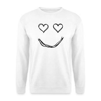 Gesicht mit Herzaugen handgezeichnet - Unisex Pullover - Weiß - Vorne - Alina (178cm) & Michal (187cm)