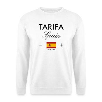 Tarifa Spanien Koordinaten Reise Souvenir - Unisex Pullover - Weiß - Vorne - Alina (178cm) & Michal (187cm)