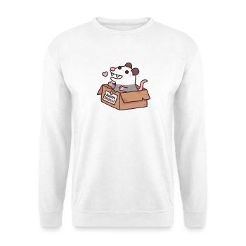 Adoptiere Chaos lustige, süße Opossum in Pappkarton - Unisex Pullover - Weiß - Vorne - Alina (178cm) & Michal (187cm)