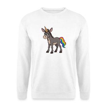 Grummeliger Esel-Einhorn zeigt einen Regenbogenschwanz - Unisex Pullover - Weiß - Vorne - Alina (178cm) & Michal (187cm)