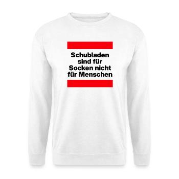 SCHUBLADEN SIND FÜR SOCKEN, TOLERANZ MENSCHENRECHT - Unisex Pullover - Weiß - Vorne - Alina (178cm) & Michal (187cm)
