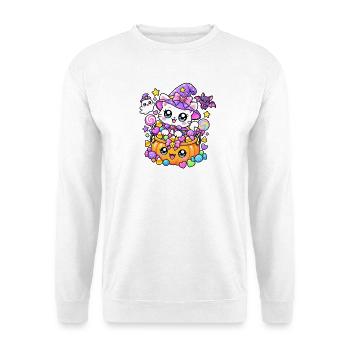 Hexenkatze und Kürbisbonbons - Unisex Pullover - Weiß - Vorne - Alina (178cm) & Michal (187cm)