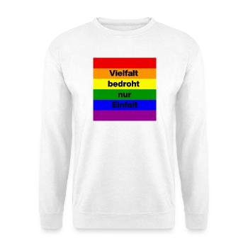 VIELFALT BEDROHT NUR EINFALT, FÜR EINE BUNTE WELT - Unisex Pullover - Weiß - Vorne - Alina (178cm) & Michal (187cm)