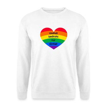 VIELFALT BEDROHT NUR EINFALT, FÜR EINE BUNTE WELT - Unisex Pullover - Weiß - Vorne - Alina (178cm) & Michal (187cm)