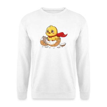 Niedliche Superhelden-Küken-Schlüpfen-Illustration - Unisex Pullover - Weiß - Vorne - Alina (178cm) & Michal (187cm)