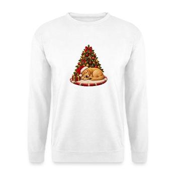 Schlafender Weihnachtshund am Baum - Unisex Pullover - Weiß - Vorne - Alina (178cm) & Michal (187cm)