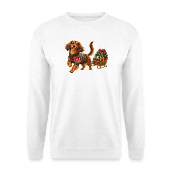 Weihnachtshund im Pullover mit Schlitten - Unisex Pullover - Weiß - Vorne - Alina (178cm) & Michal (187cm)