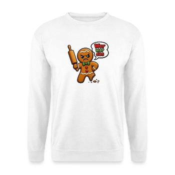 Wer war das – Grumpy Lebkuchenmann Weihnachten - Unisex Pullover - Weiß - Vorne - Alina (178cm) & Michal (187cm)
