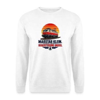 Modelleisenbahn Maßstab klein Begeisterung Groß  - Unisex Pullover - Weiß - Vorne - Alina (178cm) & Michal (187cm)