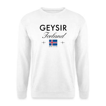 Geysir Island Koordinaten Reise Souvenir - Unisex Pullover - Weiß - Vorne - Alina (178cm) & Michal (187cm)