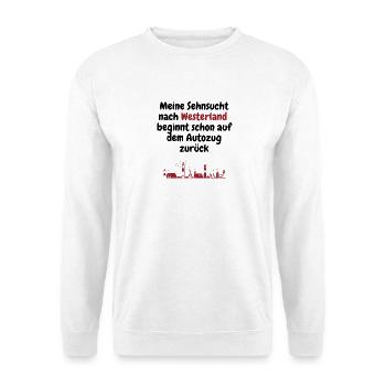 Sehnsucht nach Westerland beginnt auf den Autozug - Unisex Pullover - Weiß - Vorne - Alina (178cm) & Michal (187cm)
