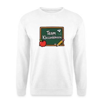 Team Klassenlehrerin – Schultafel Apfel Shirt - Unisex Pullover - Weiß - Vorne - Alina (178cm) & Michal (187cm)