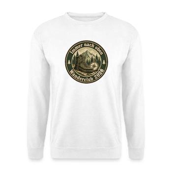Immer nach oben – Wanderclub 2026 Retro Badge - Unisex Pullover - Weiß - Vorne - Alina (178cm) & Michal (187cm)