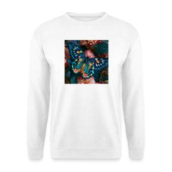 Bunter Schmetterling auf Blumen - Unisex Pullover - Weiß - Vorne - Alina (178cm) & Michal (187cm)