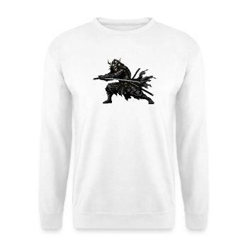 Dunkler Samurai im Kampfanzug - Unisex Pullover - Weiß - Vorne - Alina (178cm) & Michal (187cm)