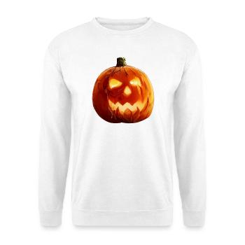 Realistischer Halloween Kürbis – Jack O’Lantern - Unisex Pullover - Weiß - Vorne - Alina (178cm) & Michal (187cm)