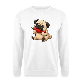 Mops Chili Scharf Lustiger Cartoon - Unisex Pullover - Weiß - Vorne - Alina (178cm) & Michal (187cm)
